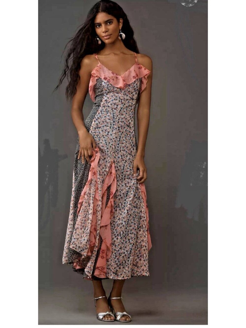 Anthropologie Pink Floral Maxi Dress with Mixed Panels
